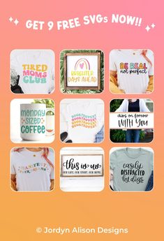 an ad for the store with different t - shirts on it, including one that says get free svg now