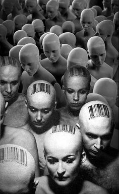 a group of men with barcodes on their heads