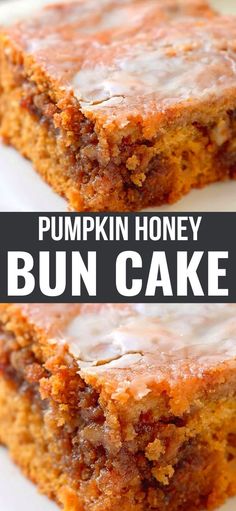 two slices of pumpkin honey bun cake sitting on top of each other with white frosting