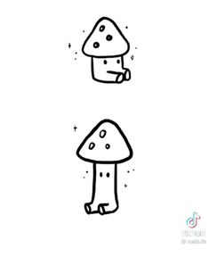 two mushrooms are shown in black and white, one has a mushroom on it's head