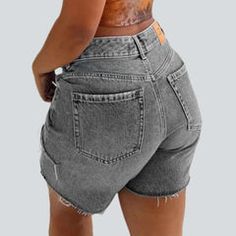 Cut-out leg women's denim shorts Trendy Cutoff Shorts With Pockets, Trendy Knee-length Shorts, Trendy Mid-rise Cargo Shorts, Trendy High Waist Bermuda Shorts For Summer, Trendy Relaxed Fit Jean Shorts, Ripped High-waist Relaxed Fit Shorts, Ripped High Waist Relaxed Fit Shorts, Ripped Relaxed Fit High-waist Shorts, High-waist Ripped Shorts In Relaxed Fit