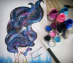 a drawing of a girl with long hair and stars in the sky, surrounded by paintbrushes