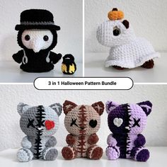 four crocheted stuffed animals in different styles and sizes, all wearing halloween costumes