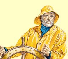 a drawing of a man in yellow coat and hat holding a steering wheel with both hands