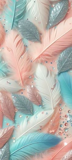 an image of colorful feathers with water droplets on them and glitters in the background