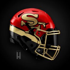 a red and gold football helmet with the letter s on it's side, against a black background