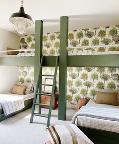 a bedroom with two bunk beds and a ladder