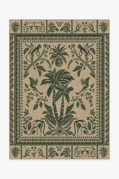 a beige and green rug with palm trees on it