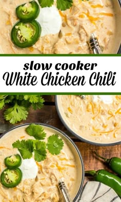 two bowls of slow cooker white chicken chili with jalapenos and sour cream