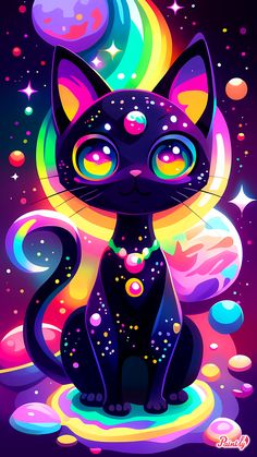 a black cat sitting on top of a rainbow colored floor next to bubbles and stars