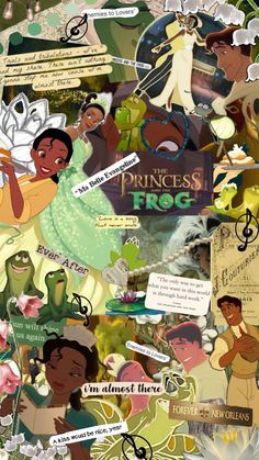 the princess and the frog collage is shown with many different things in it's background