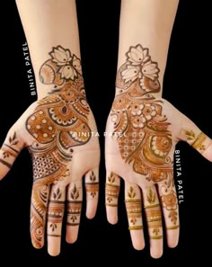 two hands with henna tattoos on them, one is showing off the intricate design