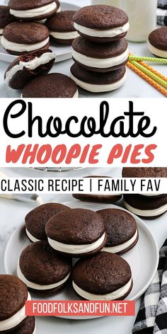 chocolate whoopie pies on a white plate with text overlay that reads, chocolate whoopie pies classic recipe and family favorite