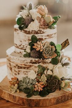 a three tiered cake with succulents and greenery on top sits on a wooden slab