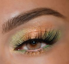 Glitter Green Eye Makeup, Gold Green Eye Makeup, Light Green And Gold Makeup, Green Makeup On Blue Eyes, Electric Green Makeup, Green Chrome Eyeshadow, Colourpop Fresh Greens, Makeup Ideas For Green Outfit, Folklore Eye Makeup