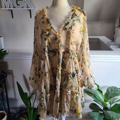 -Gorgeous Ruffled Floral Semi Sheer Dress With Nude Liner -Fits Like A Size 12 -100% Polyester -No Visible Signs Of Wear Yellow Flowy Mini Dress For Garden Party, Yellow Flowy Mini Dress For Brunch, Flowy Yellow Mini Dress For Brunch, Cream Yellow, Yellow Cream, Sheer Dress, Floral Dress, Size 12, Womens Dresses