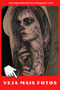 a woman with a veil on her head is shown in black and white tattoo art