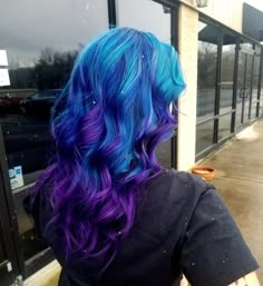 #galaxyhair #galaxy #mermaidhair #mermaid #hair #color #blue #purple Bright Blue And Purple Hair, Purple To Teal Ombre Hair, Blue And Purple Hair With Bangs, Dyed Hair Purple And Blue, Aurora Borealis Hair Color, Blue Hair With Purple Tips, Blue And Purple Hair Dye Ideas, Aurora Borealis Hair