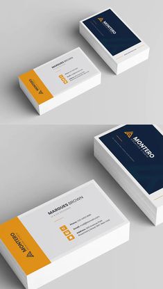 two business cards with yellow and blue accents on the front, back and side sides