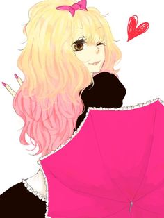 a drawing of a girl with long blonde hair holding an umbrella in front of her face