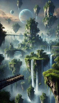 an artist's rendering of a fantasy landscape with waterfalls and floating islandes