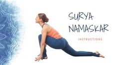 a woman doing yoga poses with the words surya namaskar in front of her