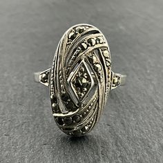 Vintage Marcasite Sterling Silver Large Statement Ring, UK Size M1/2, US Size 61/4, EU Size 52, Stamped Sterling, Front Max Width 21.2mm, Weight 5.00 Grams, One Marcasite Stone Missing, Otherwise Lovely Condition Statement Ring, Band Rings, Statement Rings, Jewelry Rings, Accessory Gift, Electronic Accessories, Purses And Bags, Band, Sterling Silver