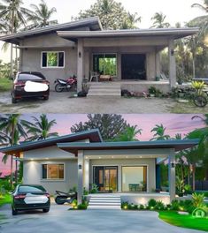 before and after photos of a house with cars parked in front