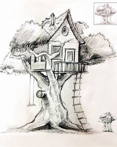 a drawing of a tree house with stairs leading up to it