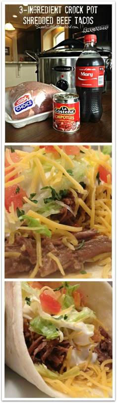 three different pictures show the process of making shredded beef tacos