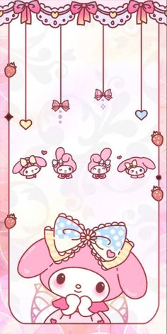 an animal is standing in front of a pink background with hearts and bows on it