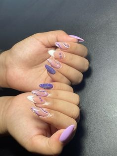 Purple and White Nails Purple Pink And White Nails, Blue And Purple Almond Nails, Pink Purple White Nails, Purple Black White Nails, Nail Inspo Purple And White, Grad Nails Purple, Almond Nails Purple Design, White And Purple Nail Designs, Dark Purple And White Nails