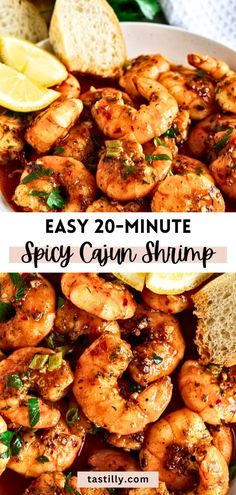 easy 20 - minute spicy cajun shrimp recipe with garlic bread and lemon wedges