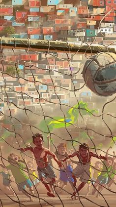 two boys are playing soccer in front of a cityscape and the ball is flying through the net