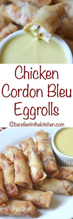 chicken cordon bleu eggrolls on a white plate with dipping sauce