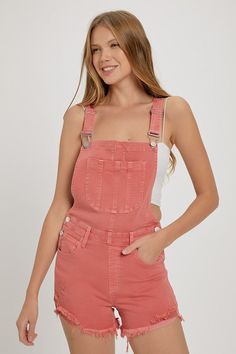 Distressed overall shorts. Contains stretch. NOTE: If your size is not available, please register your email in EMAIL ME WHEN AVAILABLE link. Peach Blossom, Peach Blossoms, Me When, Overall Shorts, Not Available, Jumpsuit Romper, Blossom, Overalls, Jumpsuit