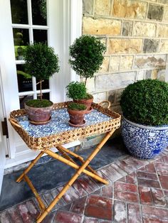 two potted plants sitting on top of a wooden table next to a brick wall