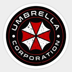 the umbrella corporation logo is shown in black and red on a round sticker that reads umberella corporation