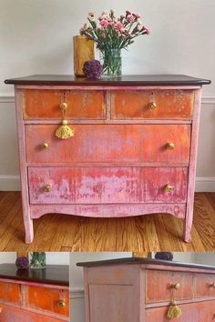 an old dresser is painted pink and orange