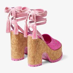 Fuchsia Jimmy Choo Embroidered Raffia Wedge Sandals| GAL WEDGE 130 | Beach collection 2023 | JIMMY CHOO Everyday Shoes, Round Toe Heels, Footwear Design Women, Jimmy Choo Shoes, Sandals For Sale, Designer Boots, Luxury Shoes, Cute Shoes, Platform Sandals