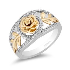 Disney Belle Inspired Diamond Rose Ring 10K Yellow Gold 1/5 CTTW | Enchanted Disney Fine Jewelry Enchanted Disney, Enchanted Jewelry, Enchanted Disney Fine Jewelry, Disney Fine Jewelry, Disney Princess Belle, Princess Belle, Solitaire Earrings, Etsy Wedding Rings, Rose Ring