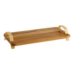 a wooden tray with two handles on it