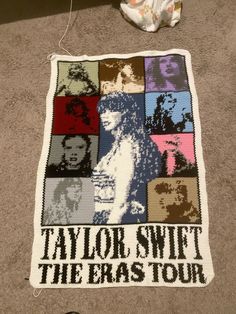 a crocheted blanket with the words taylor swift on it and photos of people