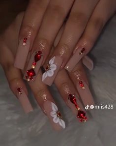 Red Nail Designs With Gems, Nails With Virgin Mary, Red Latina Nails, Red Buchona Nails, Medium Length Red Nails, Red Nails Medium Length, Gold Valentine Nails, Red Wedding Nails For Bride, Latina Nails Red