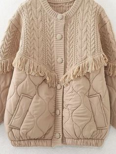 F00211540-203 Beige Fringed Winter Outerwear, Winter Outerwear With Tassels And Long Sleeves, Fringe Long Sleeve Outerwear For Winter, Winter Long Sleeve Outerwear With Tassels, Beige Long Sleeve Outerwear With Fringe, Beige Patchwork Sweater For Spring, Beige Tasseled Spring Outerwear, Beige Tasseled Outerwear For Spring, Trendy Winter Outerwear With Tassels