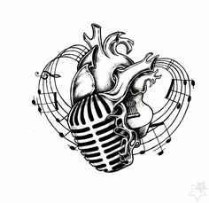 a black and white drawing of a heart with musical notes around it