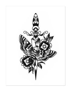 a black and white drawing of a dagger with skulls on it's wings, surrounded by flowers