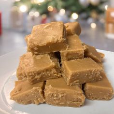 several pieces of peanut butter fudge on a white plate with a christmas tree in the background