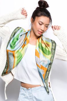 Multicolor Printed Silk Scarf, Multicolor Silk Square Scarf, Multicolor Rectangular Silk Scarf, Green Rectangular Silk Scarf, Rectangular Green Silk Scarf, Multicolor Silk Scarf With Abstract Print For Spring, Multicolor Rectangular Silk Scarf For Spring, Bohemian Silk Square Scarf, Artistic Multicolor Rectangular Silk Scarf