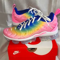 Womans Nike Air Vapormax Plus Rainbow Coordinate Nwt Size6. Cm Is 23 For Size In Womans. These Are Brand New Never Worn. Message Me For Questions Multicolor Running Shoes With Air Cushioning For Spring, Casual Pink Running Shoes With Translucent Outsole, Multicolor Running Shoes With Air Cushioning, Pink Lace-up Sneakers With Air Cushioning, Pink Nike Running Shoes With Translucent Outsole, Nike Pink Running Shoes With Translucent Outsole, Nike Spring Sneakers With Abzorb Midsole, Pink Synthetic Sneakers With Air Max Cushioning, Nike Sneakers With Abzorb Midsole For Spring